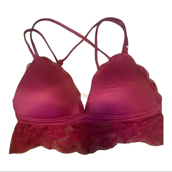 Pink Pretty Burgundy Lace Trimmed Bralette Strappy Padded Push-Up - Picture 1 of 5